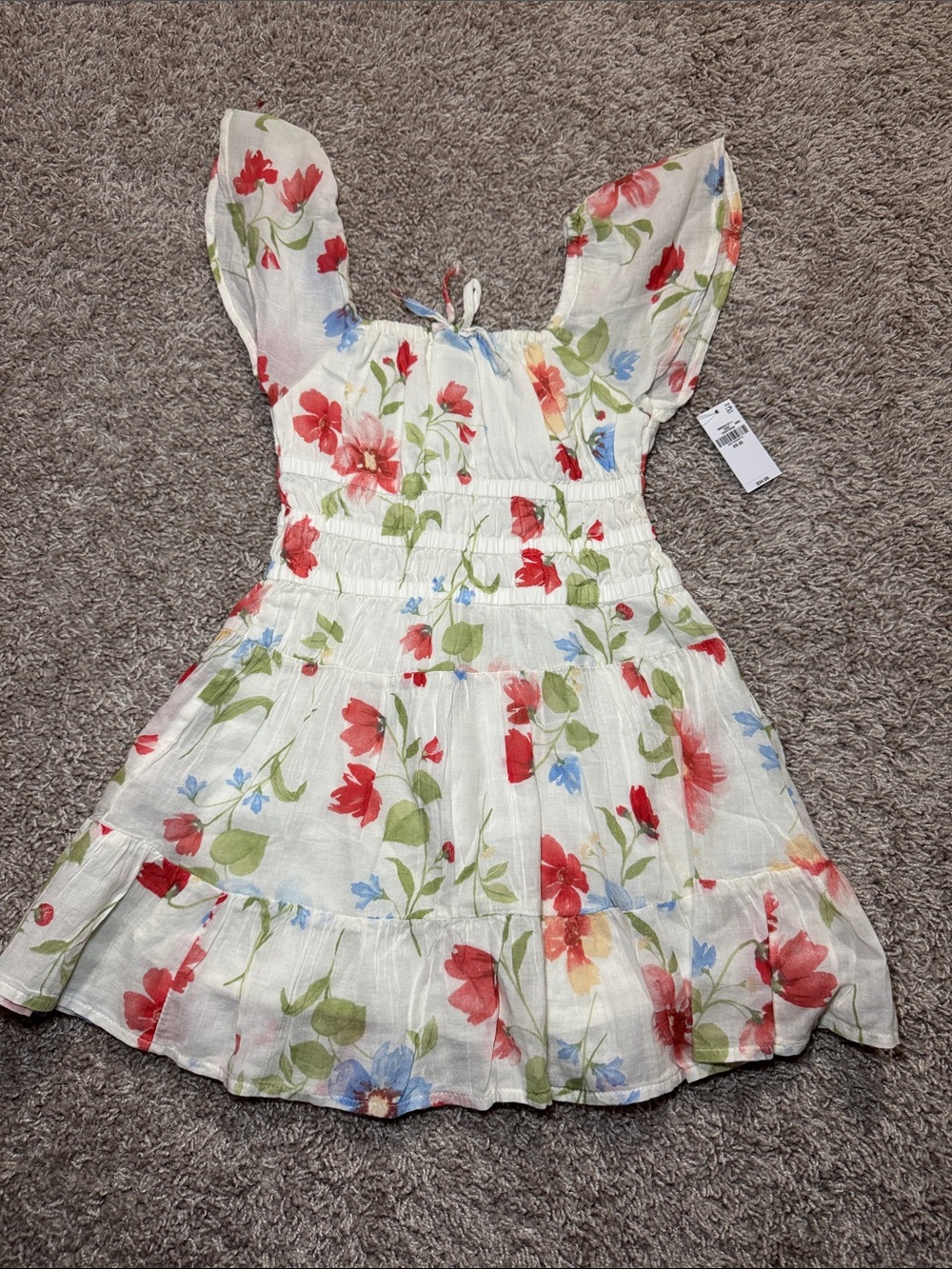 Old Navy White Floral Tie-Front Dress with Red & Blue Flowers